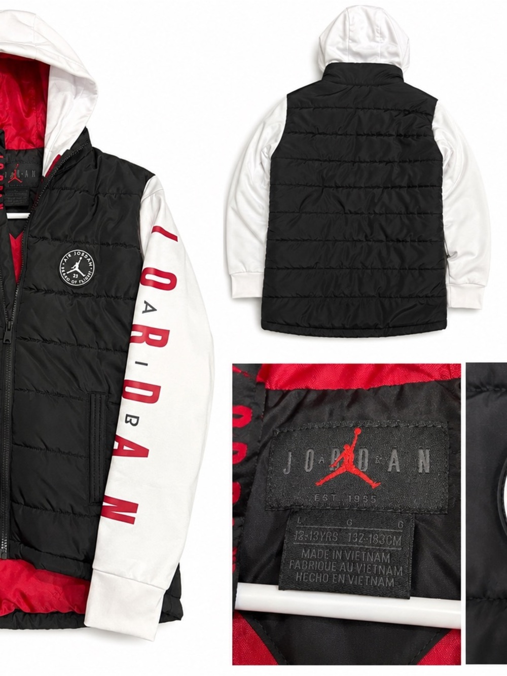 Jordan Black Quilted Vest with White Sleeves & Red Accents